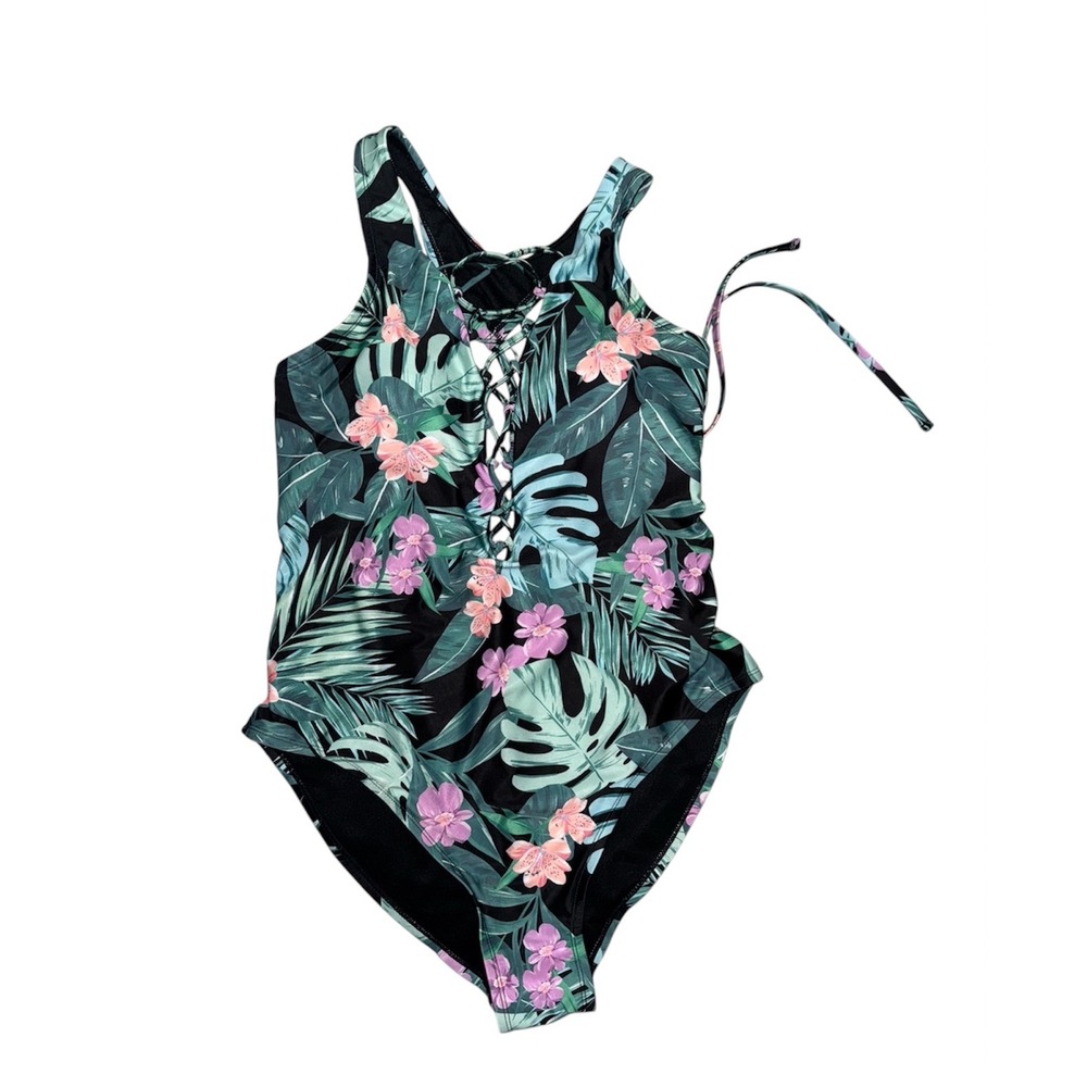 Blu C Lace Up Bujris Multi Palm One Piece‎ Swimsuit Tropical Print 1X